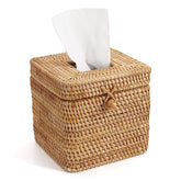 YANGQIHOME rattan square tissue box cover with top lid open, easy tissue access.