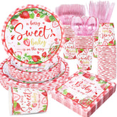 Yaniio Berry Sweet Baby dinner plates with strawberry motif for cohesive shower ambiance.