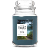 Yankee Candle Bayside Cedar jar closeup highlighting premium wax blend for steady fragrance