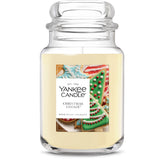 Yankee Candle Christmas Cookie jar front view with cozy glow.