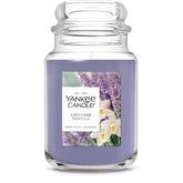 Yankee Candle Lavender Vanilla jar closeup with calming ambiance for any space
