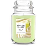 Yankee Candle Vanilla Lime large jar in a cozy setting for long lasting fragrance