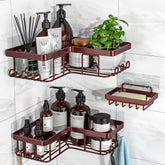 YASONIC corner shower caddy bronze adhesive mount shows space-saving setup in a modern bathroom.