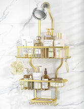 YASONIC never-rust aluminum shower caddy over-the-showerhead in gold keeps toiletries organized.