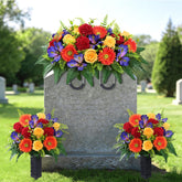 Yastouay headstone saddle display with lifelike blooms for lasting graveside beauty.