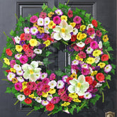 Yastouay Spring Wreath on the front door with inviting color and full arrangement