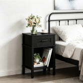 YAUKTAK farmhouse nightstand with drawer showing compact storage and clean lines in black.
