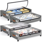 Yecaye under-bed storage with wheels and lid keeps items easily accessible.