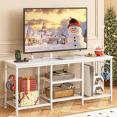 YGEOMER white TV stand with power outlet for easy charging.