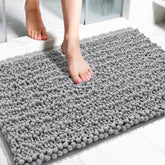 Yimobra large gray bath mat closeup shows plush chenille pile for warm, slip-free stepping