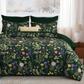 Yiran king size comforter set with dark green floral pattern for a fresh bedroom look.