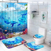 Yizheer blue ocean dolphin shower curtain adds vibrant coastal mood.