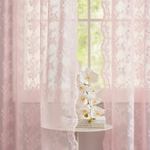 YJ YANJUN vintage lace curtains pink panel close-up showcases delicate floral lace and soft light filtering.