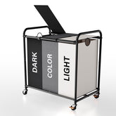 YKDIRECT 3-compartment laundry cart with lid and wheels for easy sorting and transport.