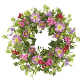 YNYLCHMX 18-inch wreath with pink daisies and eucalyptus for welcoming front door decor.