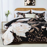Yogeneg king-size quilt set front view displays bold white gold floral pattern for stylish bedrooms.