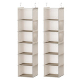 YOUDENOVA hanging closet organizer with six shelves in beige keeps clothes neatly organized.