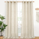 YoungsTex linen curtains 84-inch length softly filter daylight for a warm living room.