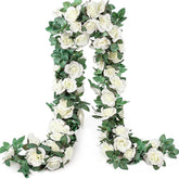 YRIOWMI fake rose garland on arch creates a romantic wedding backdrop.