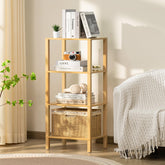YUFAM 4-tier tall bookshelf in a living room showing spacious storage for books and decor