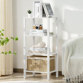 YUFAM 4-tier tall wooden bookshelf displaying books and decor.
