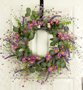 YUGALI 26-inch front-door wreath with eucalyptus and lavender daisies for a welcoming look