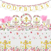 Yungyan God Bless 7-inch dessert plates for elegant christening tables.