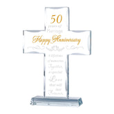 YWHL 50th anniversary glass cross on a display stand, ideal for living room decor.