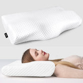 ZAMAT memory foam pillow close-up showing neck-support contour for alignment.