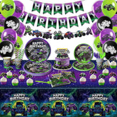 ZBYQDHO Monster Truck birthday banner decor enhances entry with vibrant purple and green accents.
