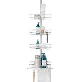 Zenna Home tension pole caddy in chrome for organized corner shower storage.