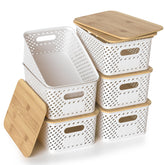 ZFTMRR plastic storage bin with bamboo lid for organized shelves