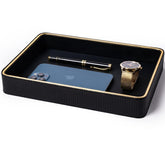 ZHEM leather catchall tray in front view showing compact, organized layout for keys and wallet.