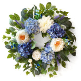 Zhoree 24-inch wreath with blue hydrangea and white peony enhances curb appeal.