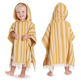 ZICOTO hooded toddler towel with mustard stripes, cozy for bath and beach after swimming.