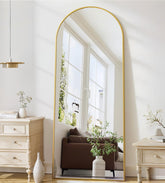 ZMYCZ arch full-length gold mirror with freestanding stand for full-body reflection.