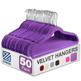 ZOBER Purple Velvet Hangers 50 Pack keeps coats and dresses neatly hung with non-slip protection.