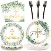 ZOIIWA God Bless plates baptism setup with green eucalyptus design for elegant celebrations.