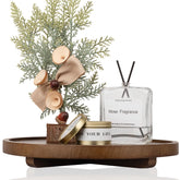 Zoocatia round wood tray with feet elevates soaps and bottles for easy access.