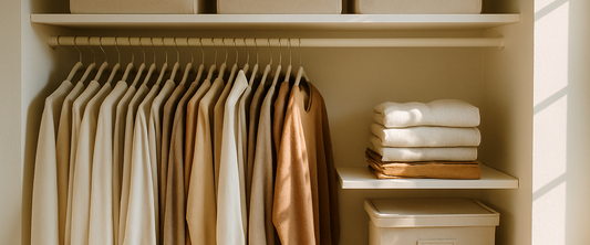 Organized closet with bins and matching hangers