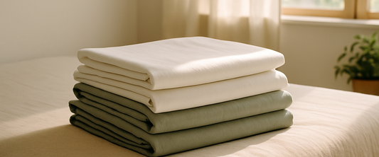 Folded cotton sheet sets on a bed