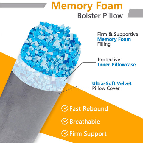 1 MIDDLE ONE memory foam bolster pillow with velvet cover for long-lasting shape.