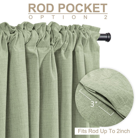 100% Blackout Shield sage linen curtains swatch highlights soft drape and versatile room styling.