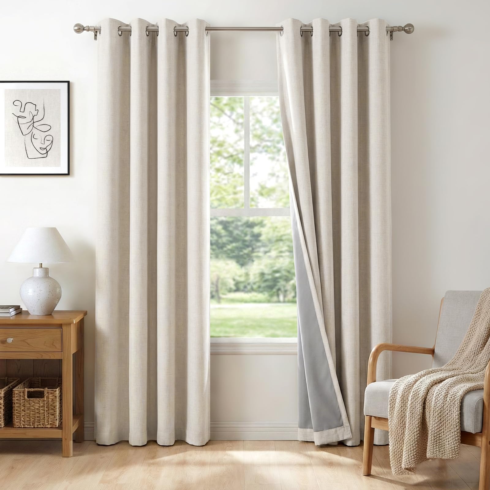 100% Blackout Shield beige curtains in a bedroom setup for deep rest