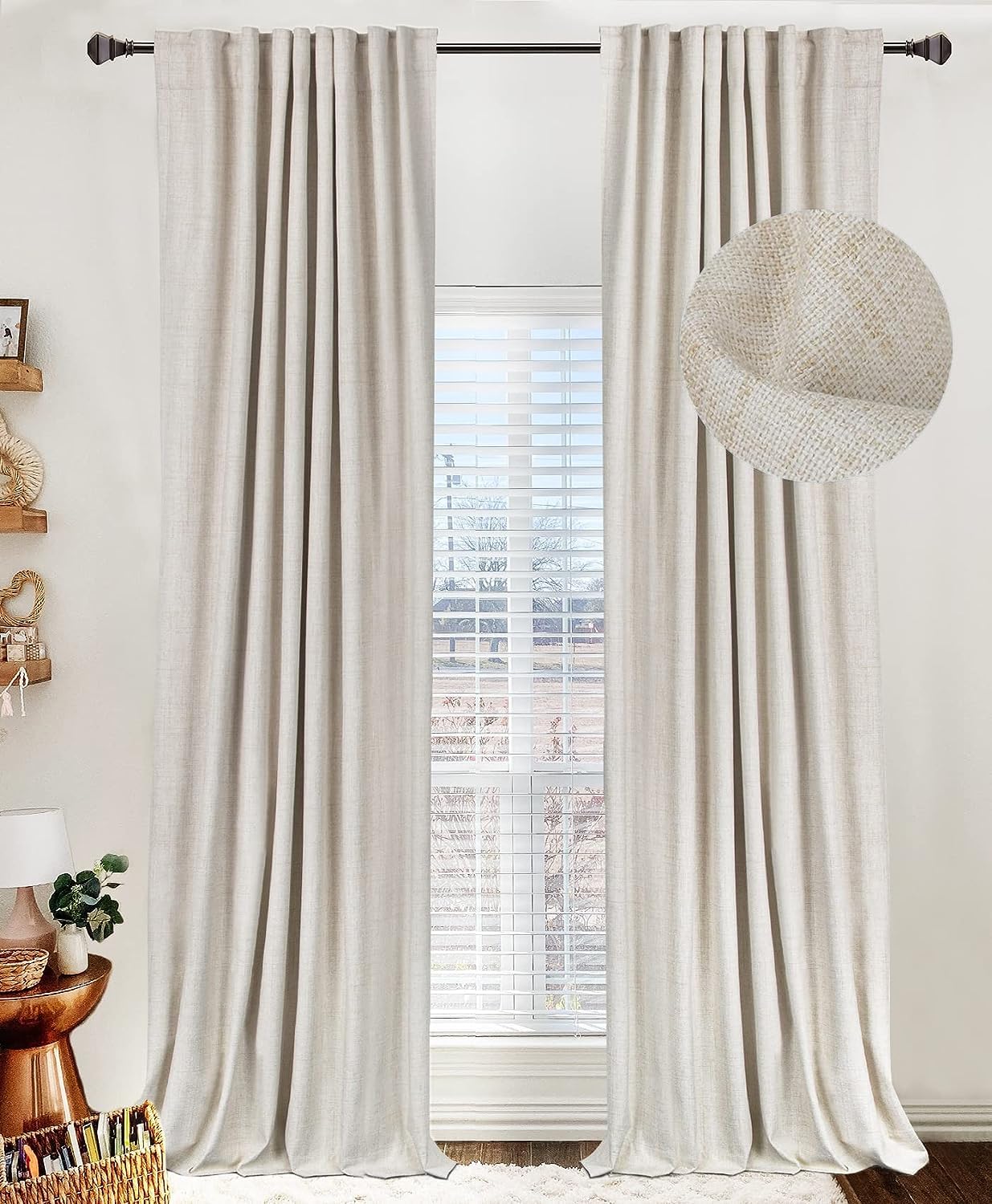 100% Blackout Shield cream linen curtain, front view, blocks daylight for restful bedroom mornings.