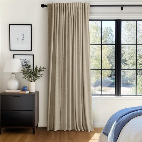 Linen-look texture from 100% Blackout Shield creates vintage, refined ambiance.