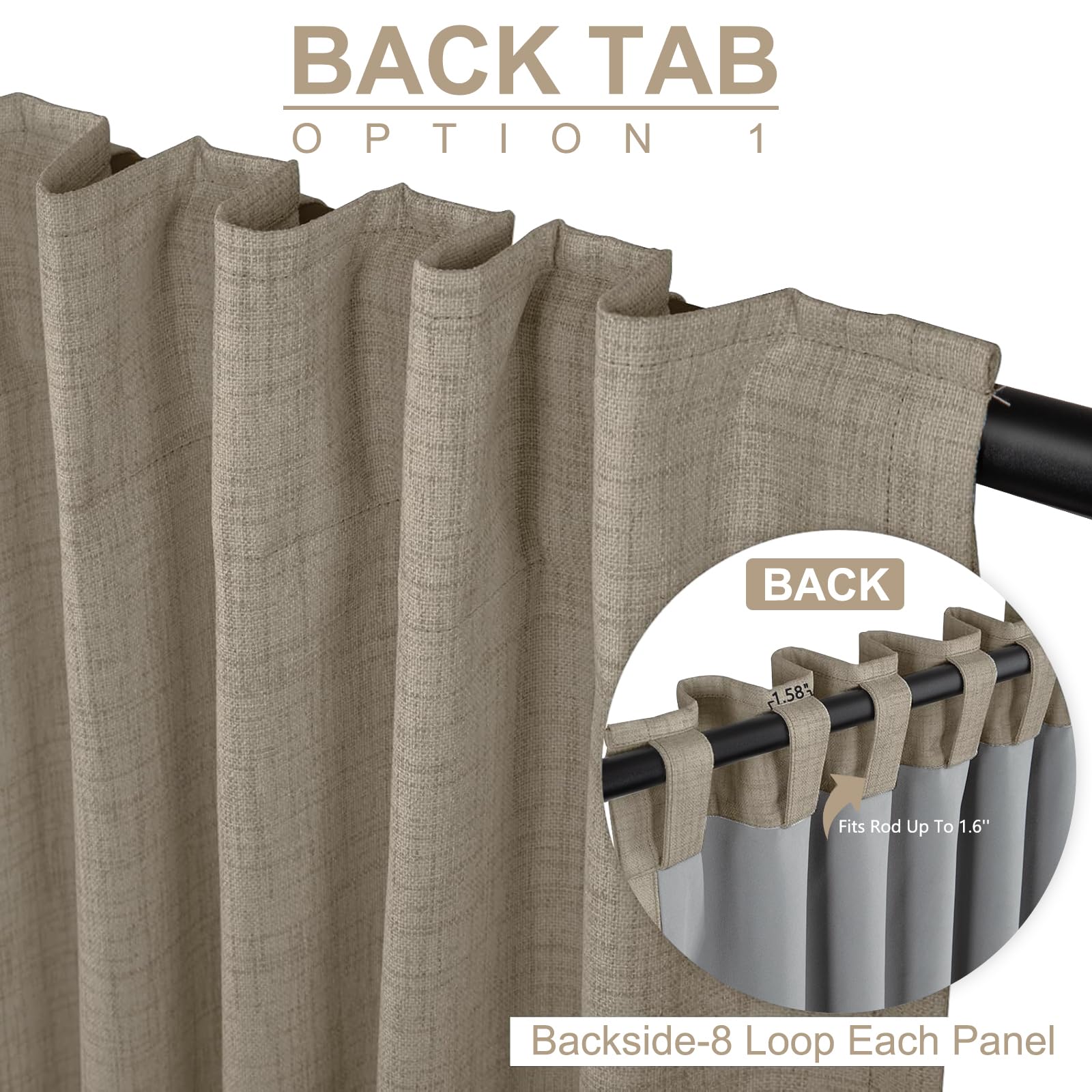 Back-tab/rod-pocket setup on 100% Blackout Shield curtains for versatile hanging