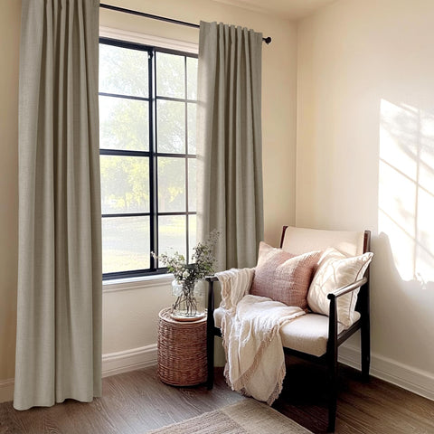 100% Blackout Shield linen curtains draped in living room creating vintage ambiance