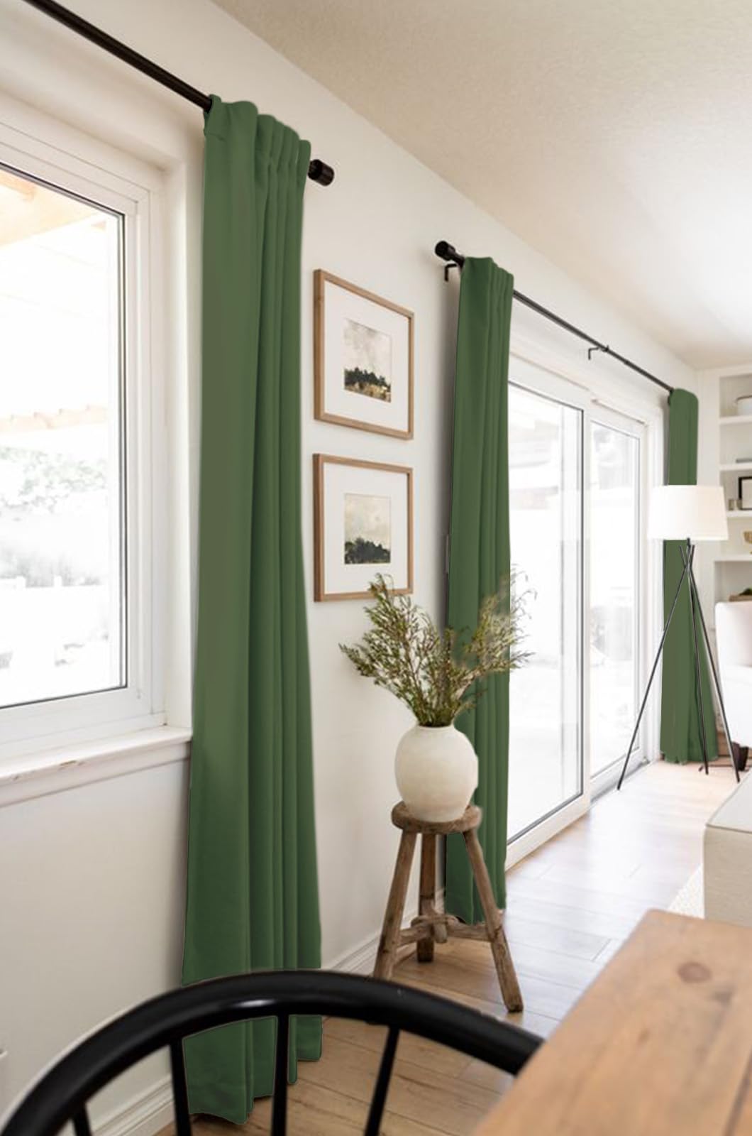 100% Blackout Shield moss green fabric blocks sun while enhancing cozy living room aesthetics.