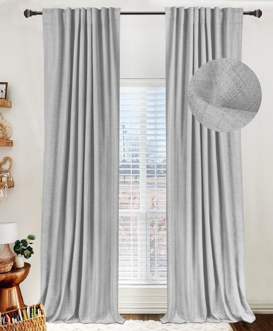 100% Blackout Shield front view in grey linen curtains offering full light control